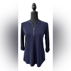 Emi & Joe: Navy Blue Blouse with Quarter Zipper and Roll Tab Sleeves